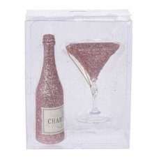 Χριστουγεννιάτικo Γυάλινo Ποτήρι και Μπουκάλι Σαμπάνιας Ροζ - Σετ 2 τεμ. (9cm)